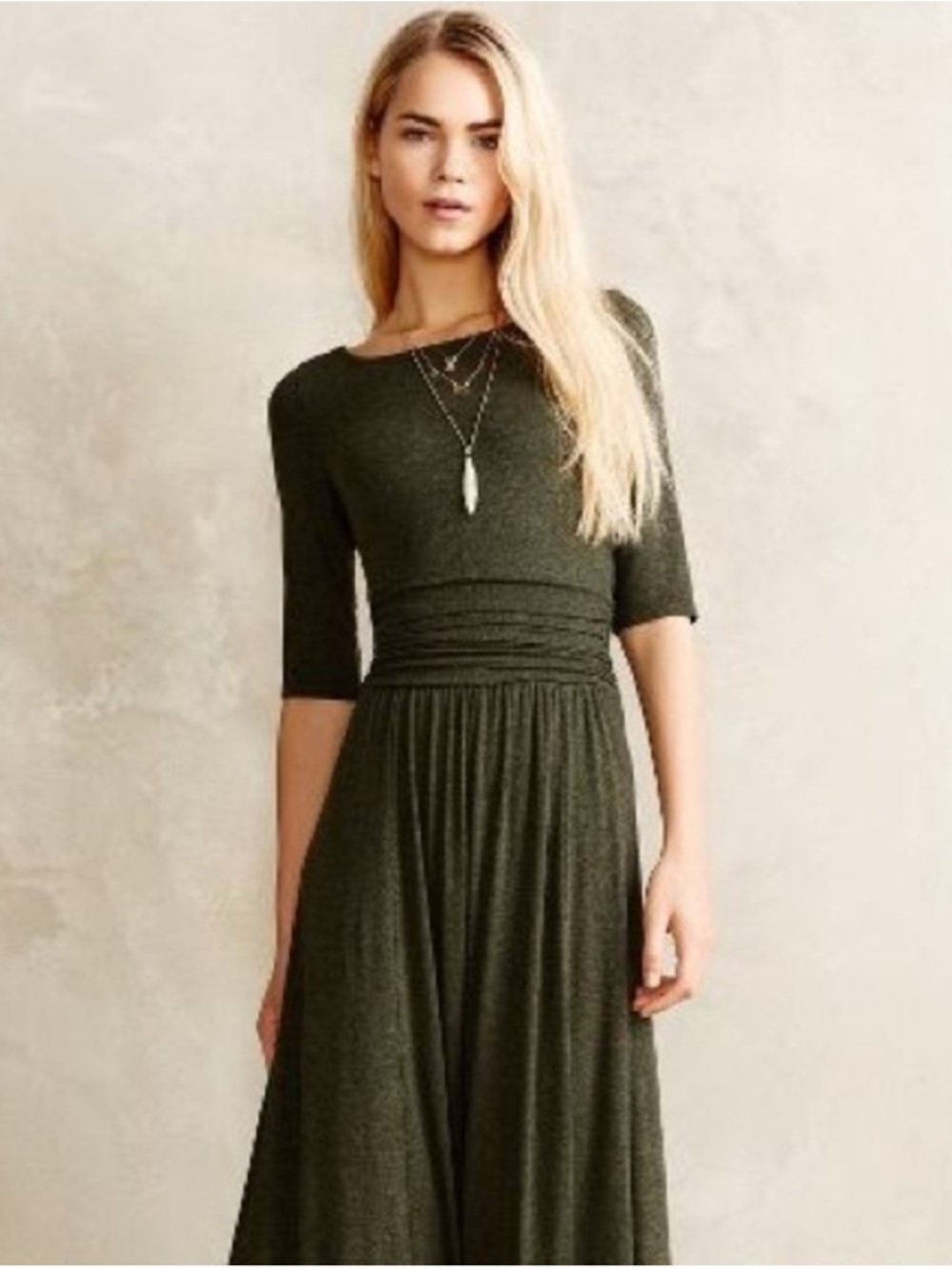 Bordeaux Olive Green Knit Long Sleeve Midi Dress